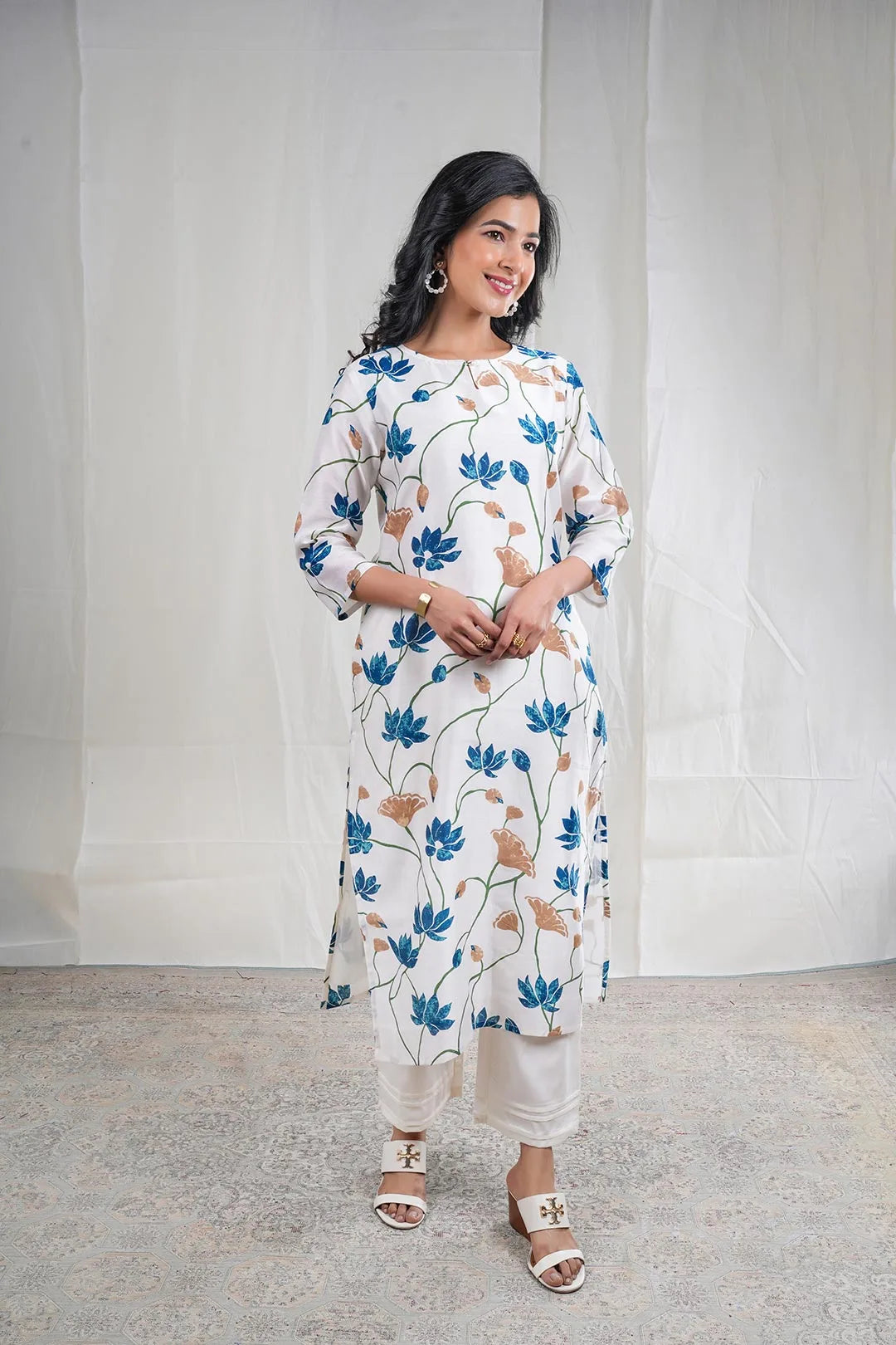 Vasanti – Floral Print Mul Chanderi 2 Piece Kurta Set in White Color Phalak Collection – Indian Wear