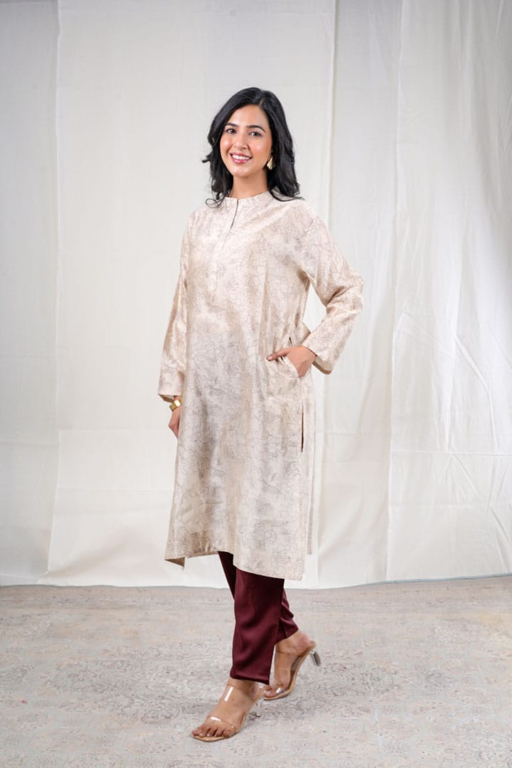 Shivani – Floral Chanderi Silk 2 Piece Kurta Set in Beige Color, Tarangini Collection – Ethnic Wear