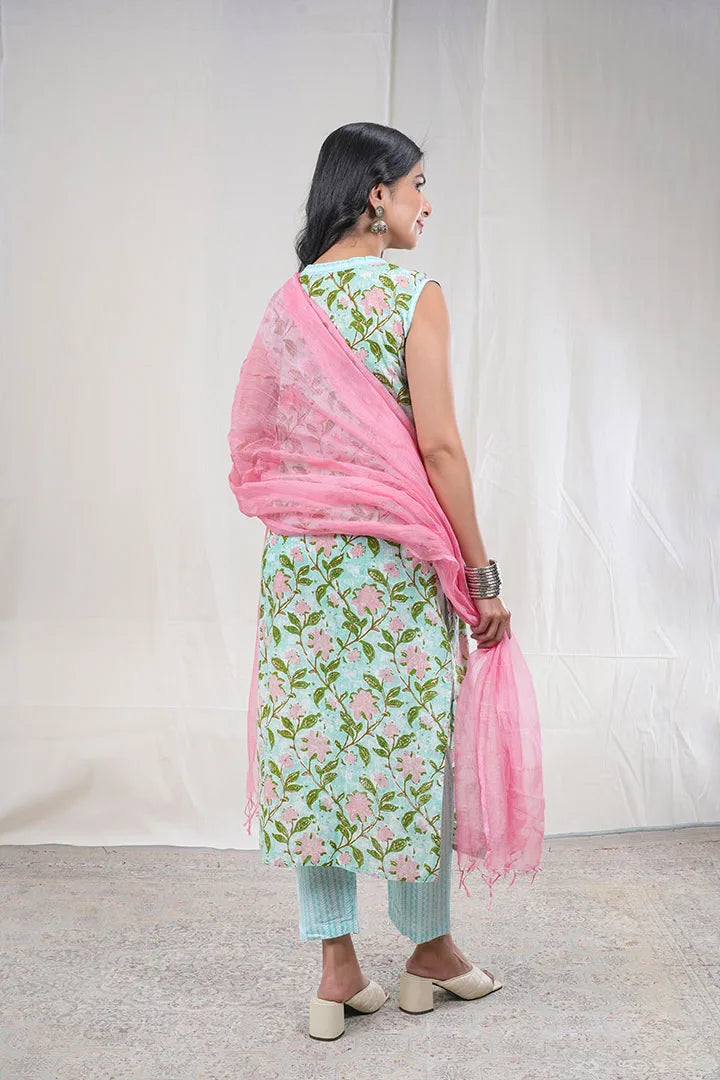 Ananda – Floral Print Premium Cotton 3 Piece Suit set in Blue, Green, Pink Color, Amba Collection – Ethnic Wear