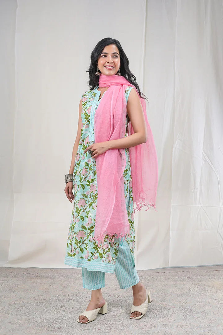 Ananda – Floral Print Premium Cotton 3 Piece Suit set in Blue, Green, Pink Color, Amba Collection – Ethnic Wear