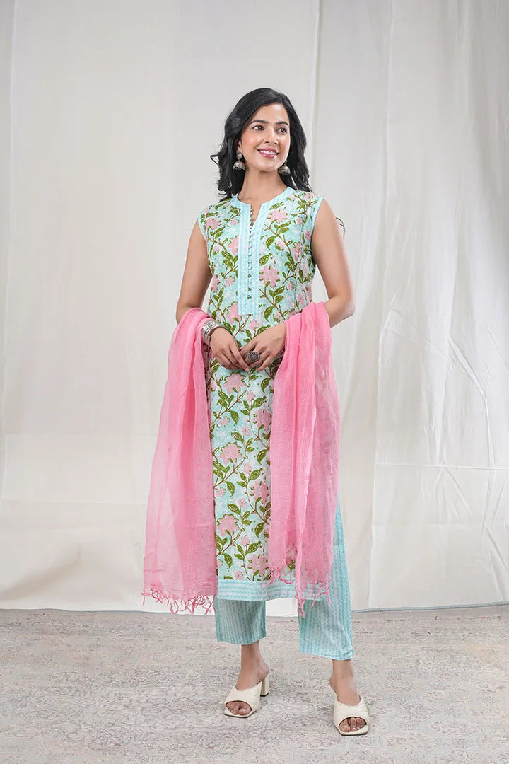 Ananda – Floral Print Premium Cotton 3 Piece Suit set in Blue, Green, Pink Color, Amba Collection – Ethnic Wear