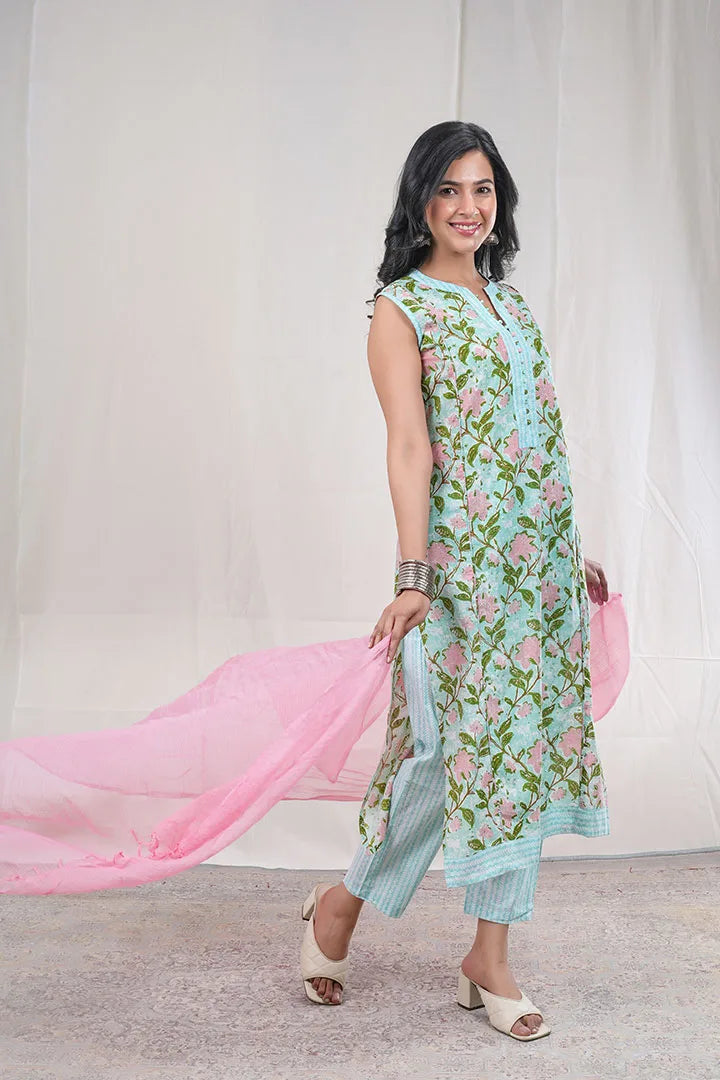 Ananda – Floral Print Premium Cotton 3 Piece Suit set in Blue, Green, Pink Color, Amba Collection – Ethnic Wear