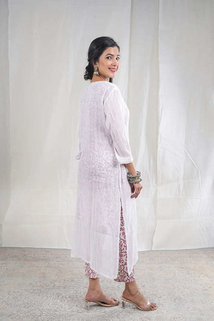Alka – Floral Print Mul Cotton 3 Piece Kurta Set in White Color, Amba Collection – Ethnic Wear