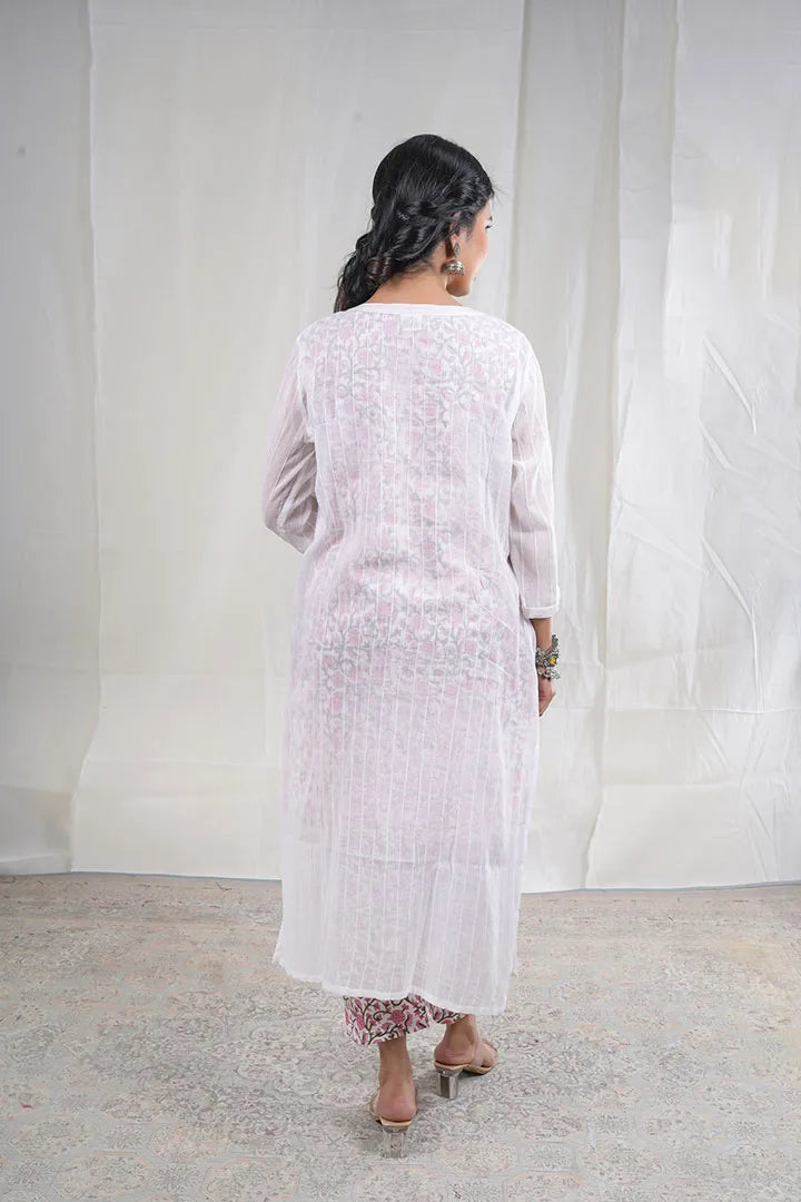 Alka – Floral Print Mul Cotton 3 Piece Kurta Set in White Color, Amba Collection – Ethnic Wear
