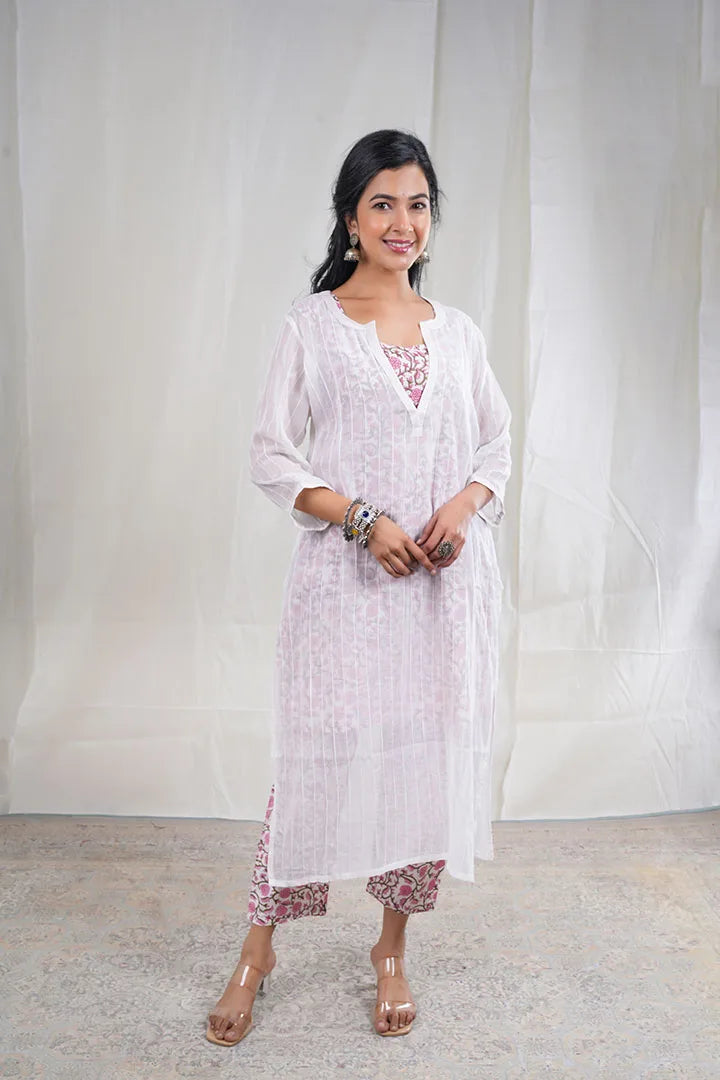 Alka – Floral Print Mul Cotton 3 Piece Kurta Set in White Color, Amba Collection – Ethnic Wear