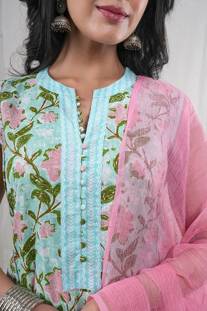 Ananda – Floral Print Premium Cotton 3 Piece Suit set in Blue, Green, Pink Color, Amba Collection – Ethnic Wear
