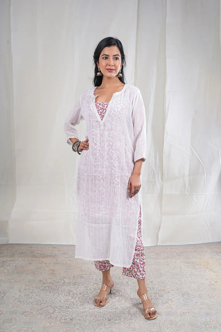 Alka – Floral Print Mul Cotton 3 Piece Kurta Set in White Color, Amba Collection – Ethnic Wear