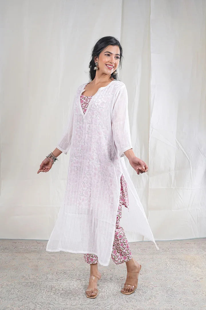 Alka – Floral Print Mul Cotton 3 Piece Kurta Set in White Color, Amba Collection – Ethnic Wear