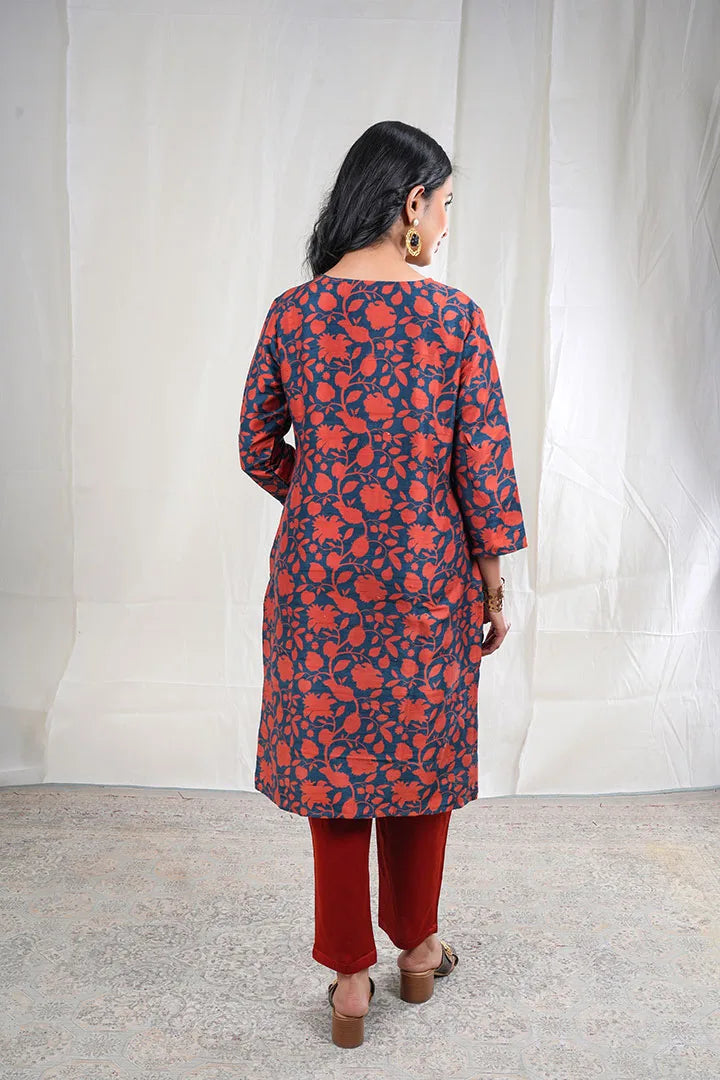 Tanirika – Handloom Pattern Raw Silk 2 Piece Kurta Set in Dark Blue, Orange Color, Tarangini Collection – Ethnic Wear