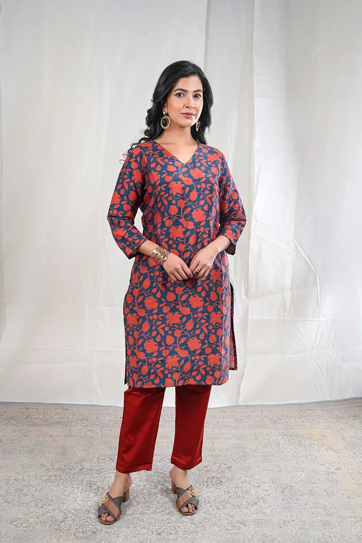 Tanirika – Handloom Pattern Raw Silk 2 Piece Kurta Set in Dark Blue, Orange Color, Tarangini Collection – Ethnic Wear