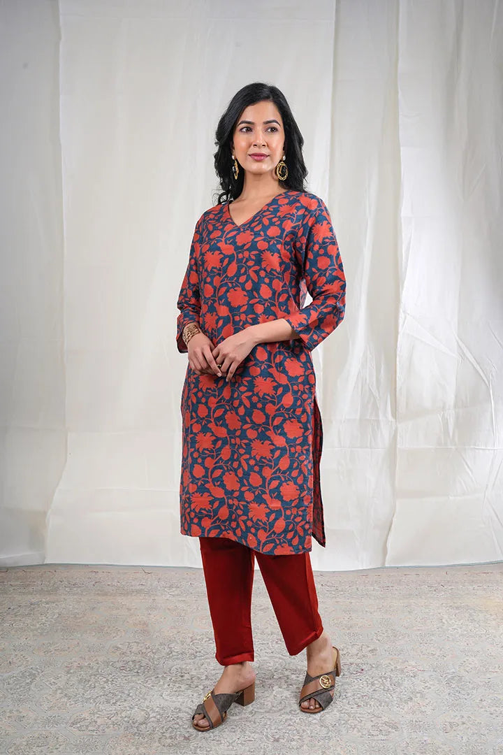 Tanirika – Handloom Pattern Raw Silk 2 Piece Kurta Set in Dark Blue, Orange Color, Tarangini Collection – Ethnic Wear