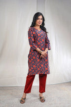 Tanirika – Handloom Pattern Raw Silk 2 Piece Kurta Set in Dark Blue, Orange Color, Tarangini Collection – Ethnic Wear