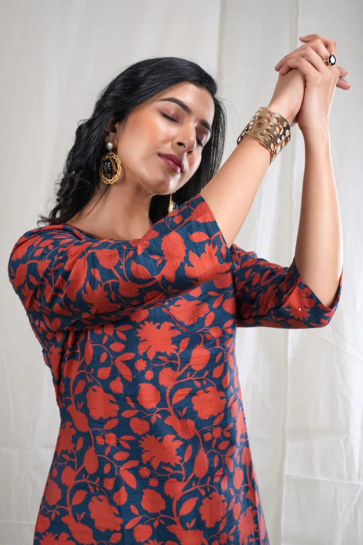 Tanirika – Handloom Pattern Raw Silk 2 Piece Kurta Set in Dark Blue, Orange Color, Tarangini Collection – Ethnic Wear