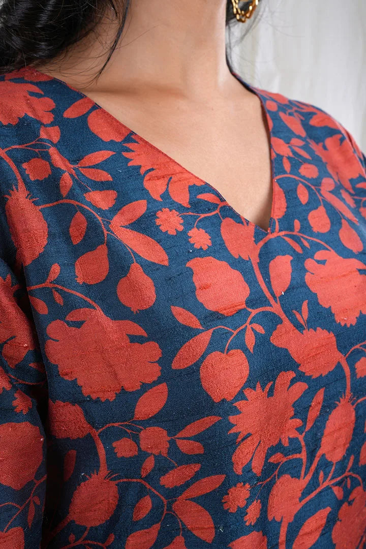 Tanirika – Handloom Pattern Raw Silk 2 Piece Kurta Set in Dark Blue, Orange Color, Tarangini Collection – Ethnic Wear