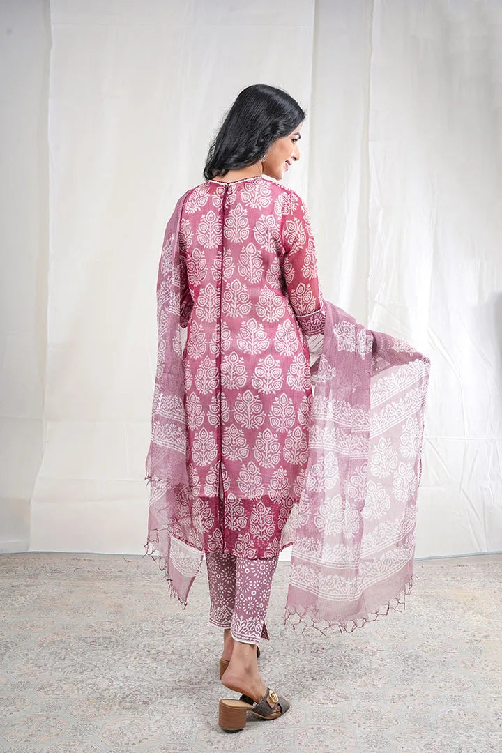 Aradhaya – Block Print Kota Doriya 3 Piece Suit Set in Maroon Color, Amba Collection – Ethnic Wear