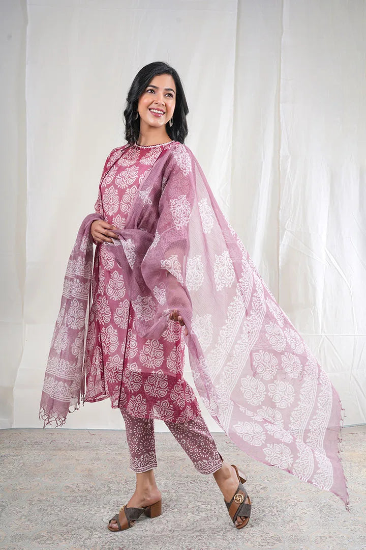 Aradhaya – Block Print Kota Doriya 3 Piece Suit Set in Maroon Color, Amba Collection – Ethnic Wear