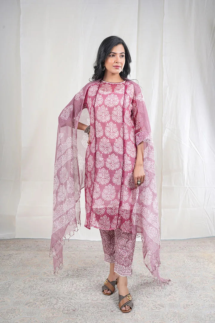 Aradhaya – Block Print Kota Doriya 3 Piece Suit Set in Maroon Color, Amba Collection – Ethnic Wear