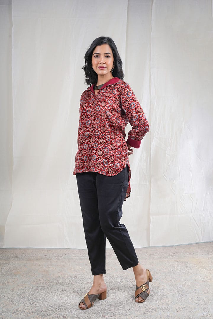 Ratika – Ajrak Modal Silk 2 Piece Kurta Set in Maroon, RedColor, Tarangini Collection – Indo Western Wear