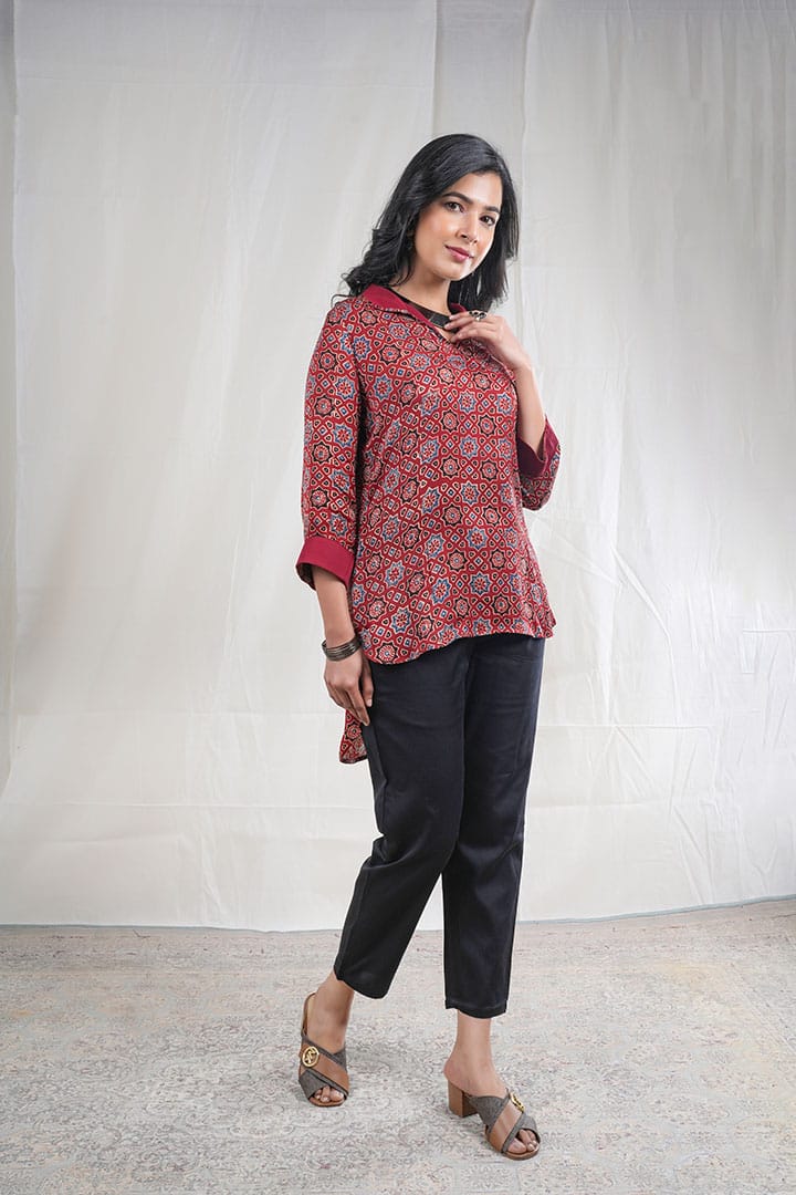 Ratika – Ajrak Modal Silk 2 Piece Kurta Set in Maroon, RedColor, Tarangini Collection – Indo Western Wear