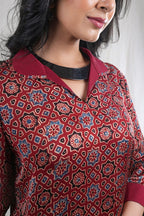 Ratika – Ajrak Modal Silk 2 Piece Kurta Set in Maroon, RedColor, Tarangini Collection – Indo Western Wear