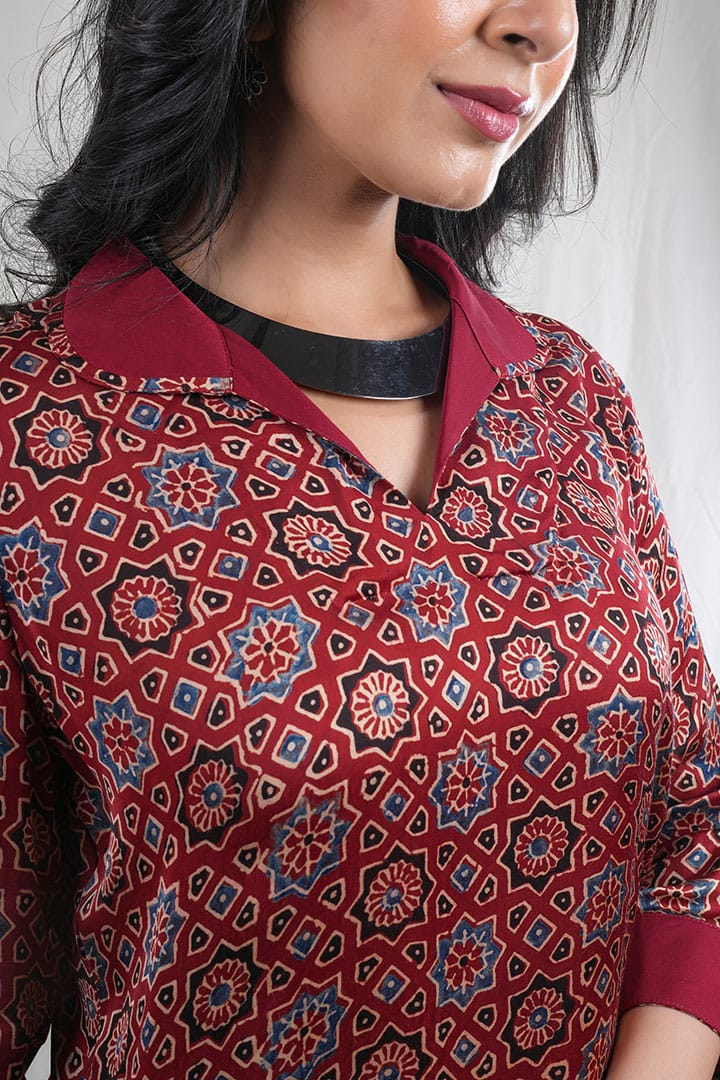 Ratika – Ajrak Modal Silk 2 Piece Kurta Set in Maroon, RedColor, Tarangini Collection – Indo Western Wear