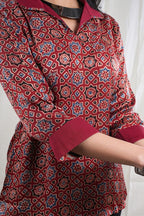 Ratika – Ajrak Modal Silk 2 Piece Kurta Set in Maroon, RedColor, Tarangini Collection – Indo Western Wear