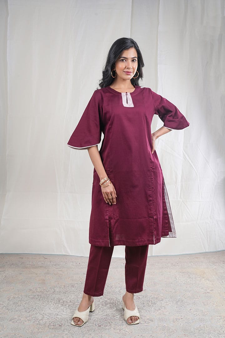 Ruhani – Italian Silk 2 Piece Kurta Set in Maroon Color, Tarangini Collection – Indo Western Wear