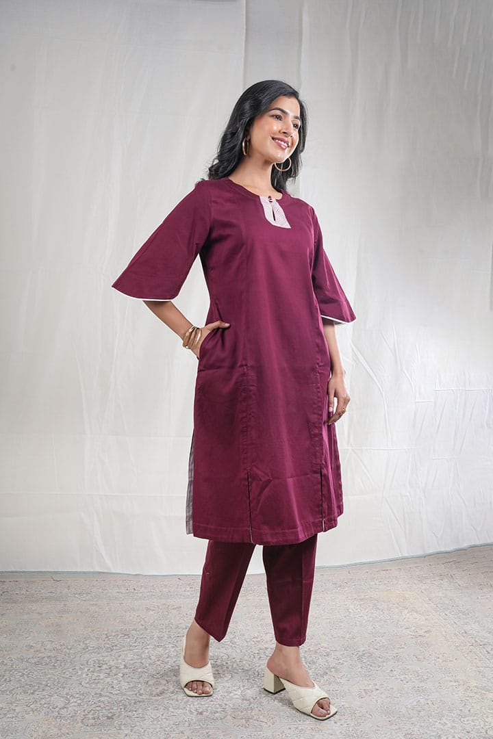 Ruhani – Italian Silk 2 Piece Kurta Set in Maroon Color, Tarangini Collection – Indo Western Wear