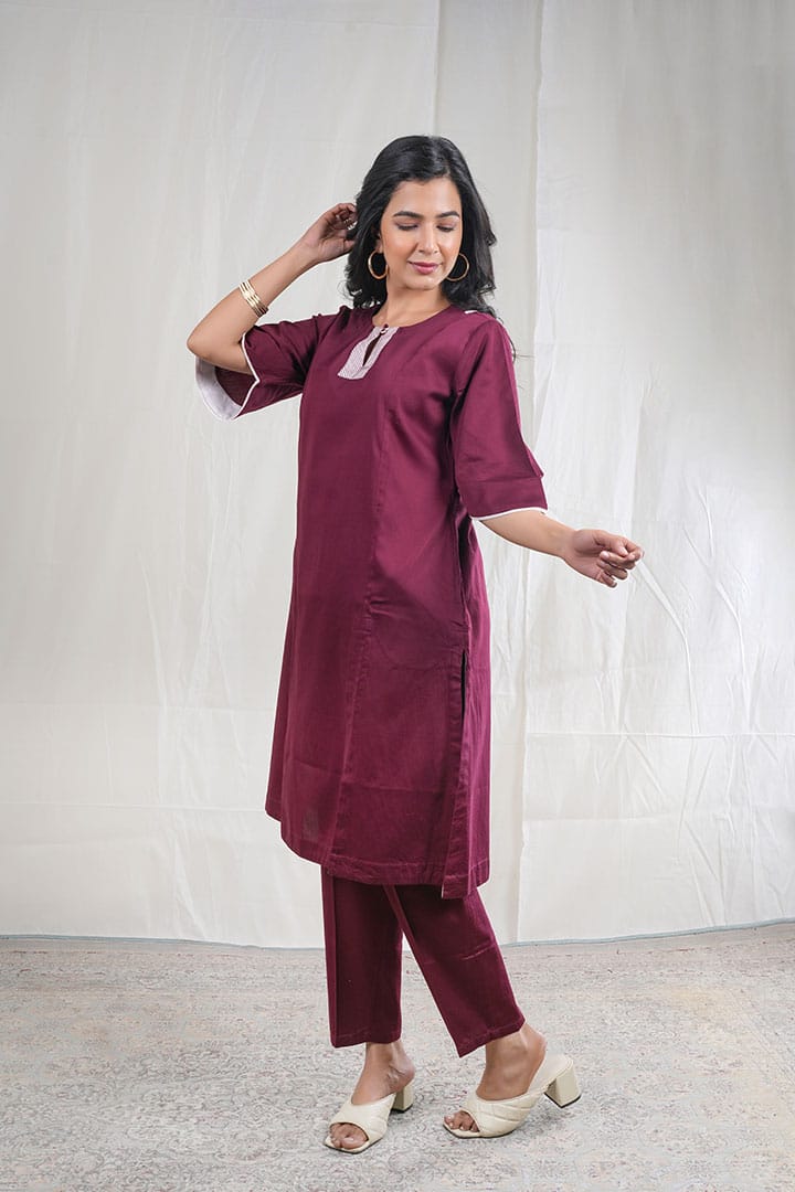 Ruhani – Italian Silk 2 Piece Kurta Set in Maroon Color, Tarangini Collection – Indo Western Wear