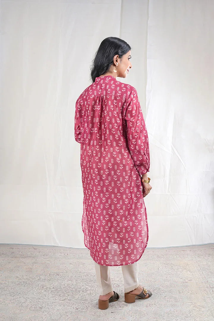 Akansha – Flower Cotton Chanderi 2 Piece Kurta Set in Maroon, Red Color, Amba Collection – Ethnic Wear