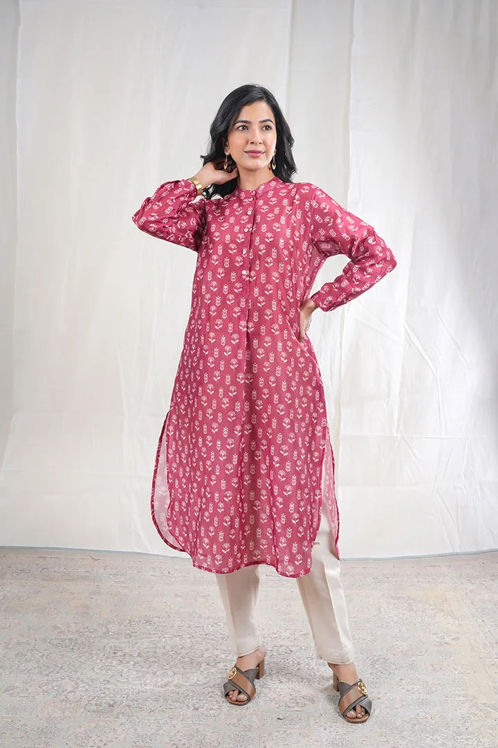 Akansha – Flower Cotton Chanderi 2 Piece Kurta Set in Maroon, Red Color, Amba Collection – Ethnic Wear