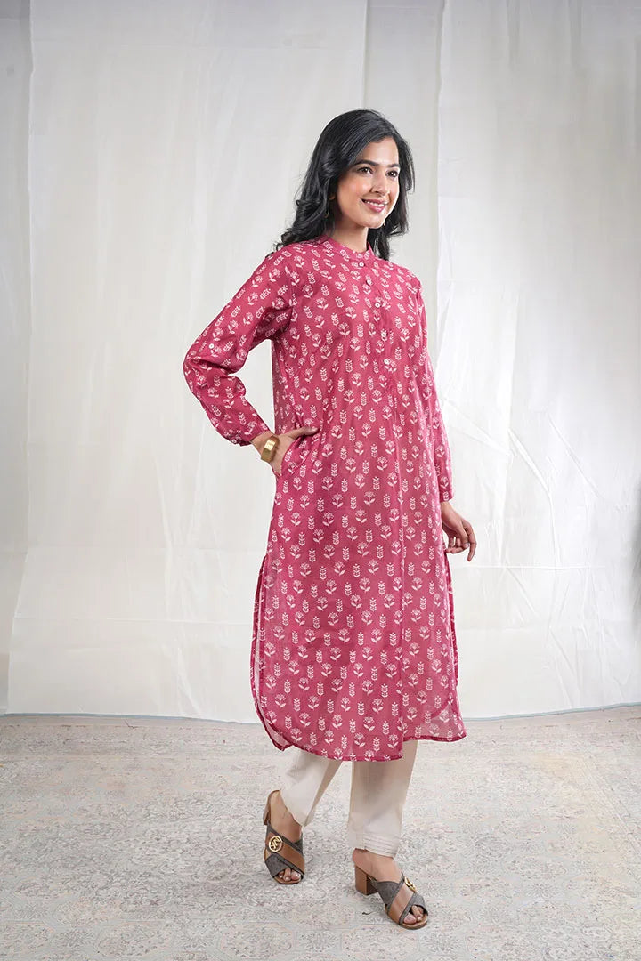 Akansha – Flower Cotton Chanderi 2 Piece Kurta Set in Maroon, Red Color, Amba Collection – Ethnic Wear