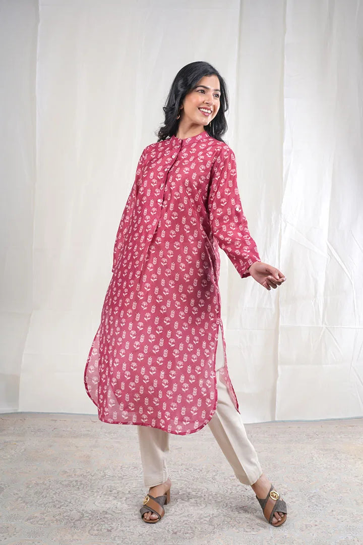 Akansha – Flower Cotton Chanderi 2 Piece Kurta Set in Maroon, Red Color, Amba Collection – Ethnic Wear
