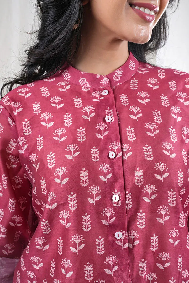 Akansha – Flower Cotton Chanderi 2 Piece Kurta Set in Maroon, Red Color, Amba Collection – Ethnic Wear