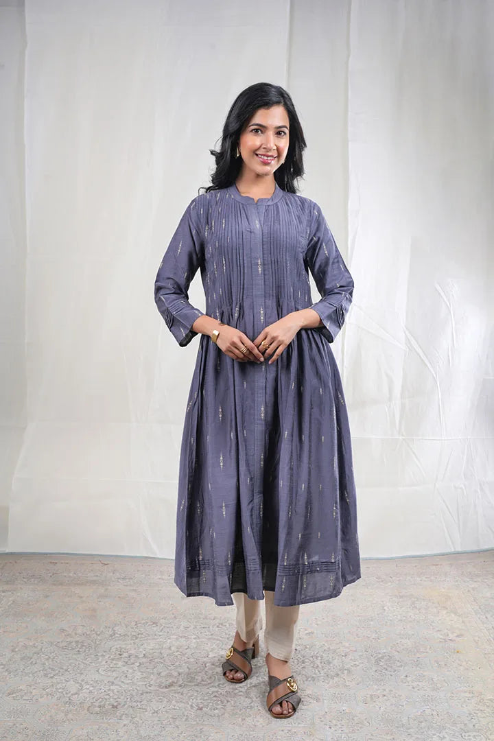 Aadishree – Handloom Pattern Handloom Silk Cotton 2 Piece Kurta Set in Grey Color, Amba Collection – Ethnic Wear