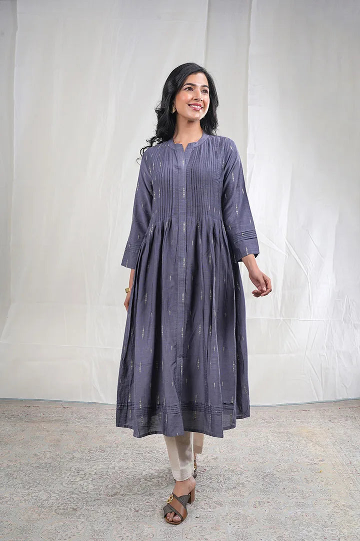 Aadishree – Handloom Pattern Handloom Silk Cotton 2 Piece Kurta Set in Grey Color, Amba Collection – Ethnic Wear