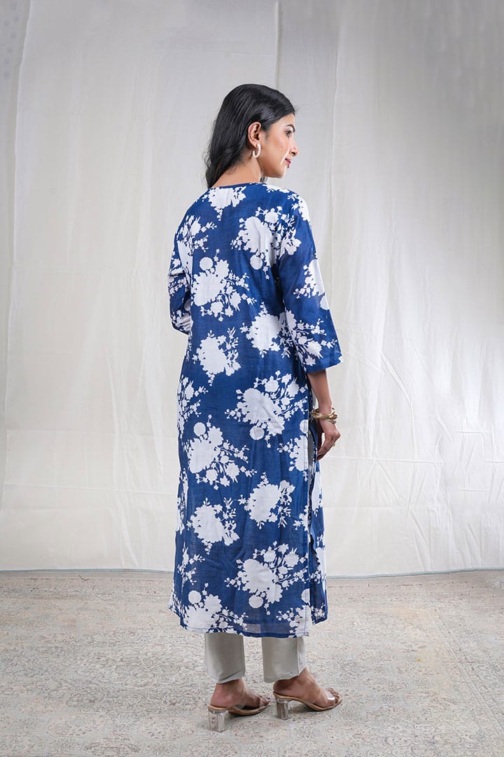 Neelika – Floral Print Chanderi Silk 2 Piece Kurta Set in Dark Blue Color, Tarangini Collection – Ethnic Wear