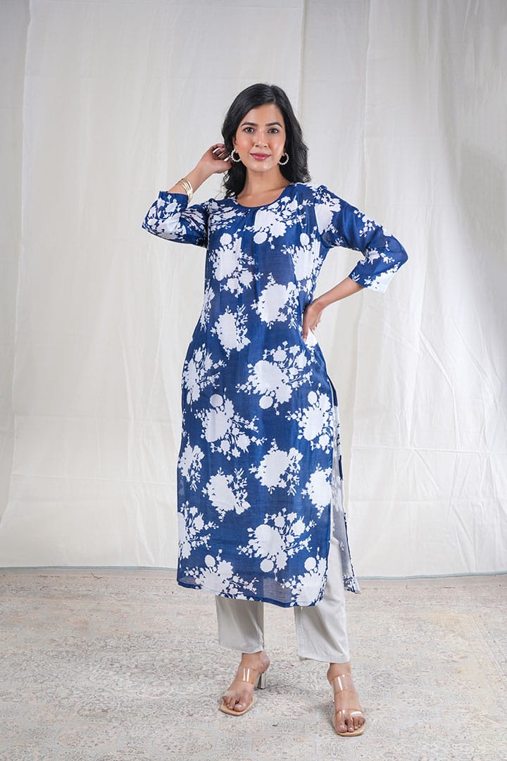 Neelika – Floral Print Chanderi Silk 2 Piece Kurta Set in Dark Blue Color, Tarangini Collection – Ethnic Wear