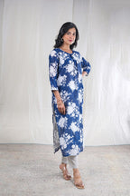 Neelika – Floral Print Chanderi Silk 2 Piece Kurta Set in Dark Blue Color, Tarangini Collection – Ethnic Wear