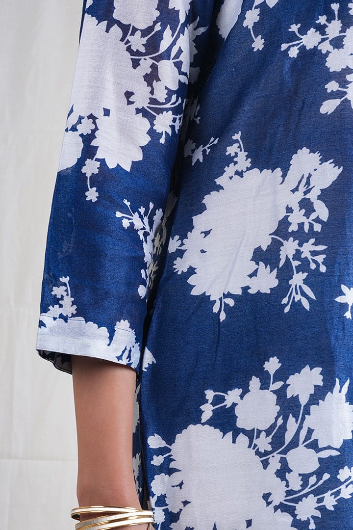 Neelika – Floral Print Chanderi Silk 2 Piece Kurta Set in Dark Blue Color, Tarangini Collection – Ethnic Wear