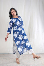 Neelika – Floral Print Chanderi Silk 2 Piece Kurta Set in Dark Blue Color, Tarangini Collection – Ethnic Wear