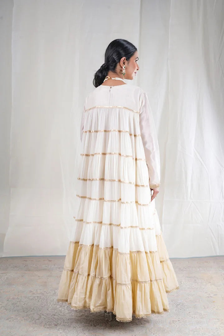 Shubhra – Embroidery Lace Details Chanderi And Mul Cotton 2 Piece Anarkali in Beige, white Color, Tarangini Collection – Ethnic Wear
