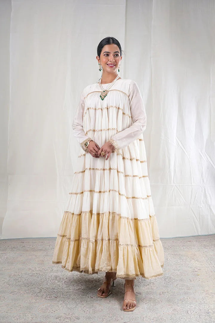 Shubhra – Embroidery Lace Details Chanderi And Mul Cotton 2 Piece Anarkali in Beige, white Color, Tarangini Collection – Ethnic Wear