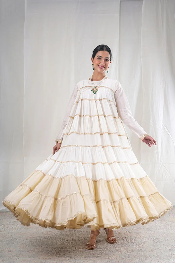 Shubhra – Embroidery Lace Details Chanderi And Mul Cotton 2 Piece Anarkali in Beige, white Color, Tarangini Collection – Ethnic Wear