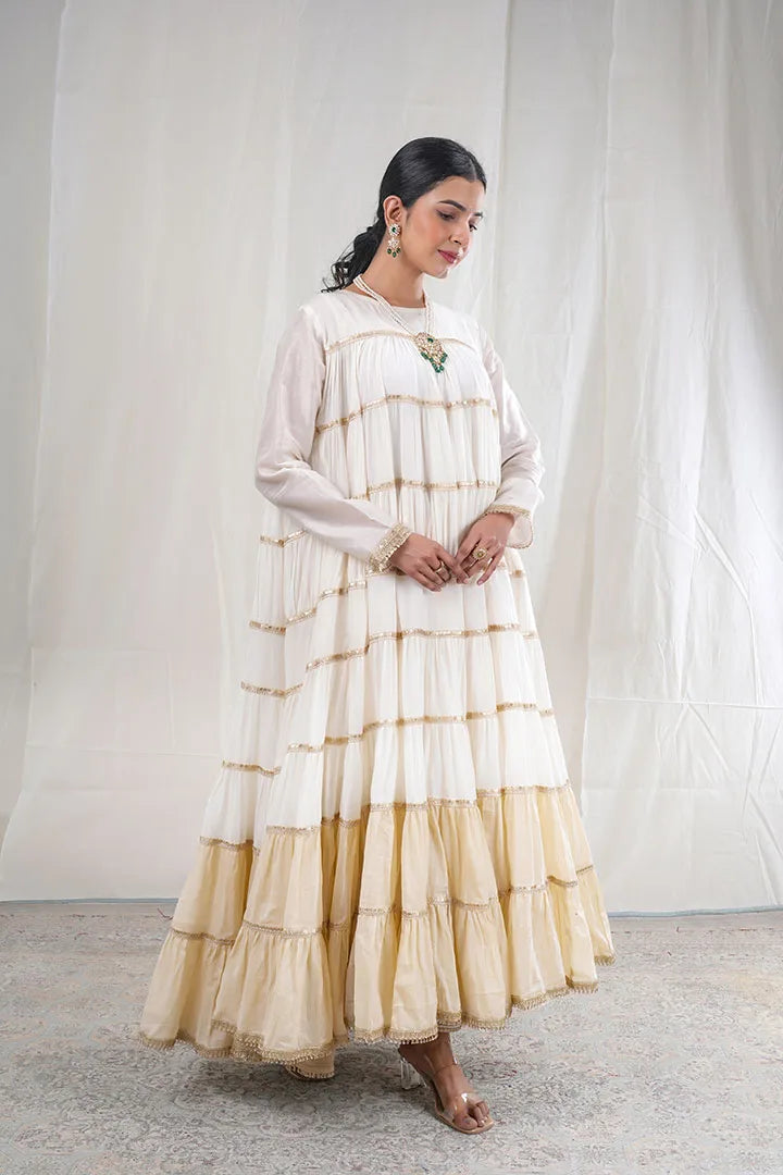 Shubhra – Embroidery Lace Details Chanderi And Mul Cotton 2 Piece Anarkali in Beige, white Color, Tarangini Collection – Ethnic Wear