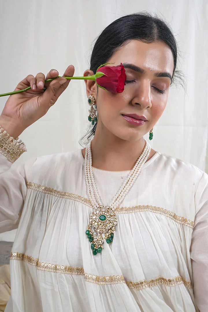 Shubhra – Embroidery Lace Details Chanderi And Mul Cotton 2 Piece Anarkali in Beige, white Color, Tarangini Collection – Ethnic Wear