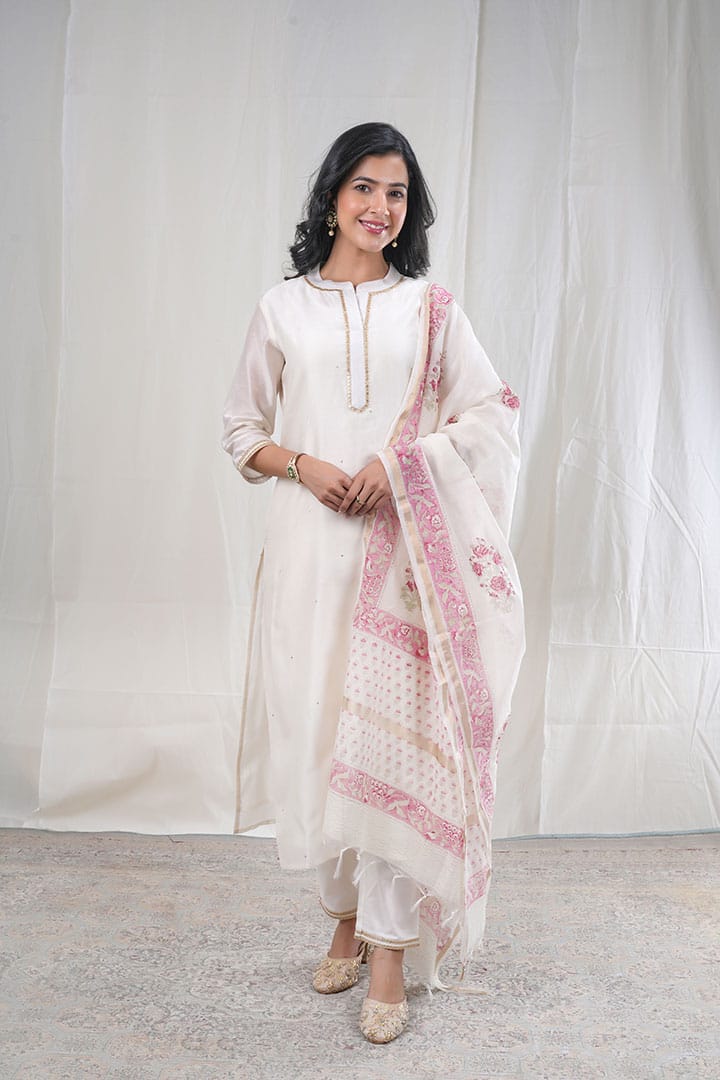 Chandrika – Sequence Work Chanderi Silk 3 Piece Suit Set in White, Beige Color, Tarangini Collection – Ethnic Wear