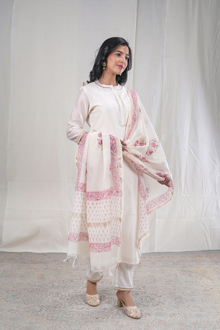 Chandrika – Sequence Work Chanderi Silk 3 Piece Suit Set in White, Beige Color, Tarangini Collection – Ethnic Wear