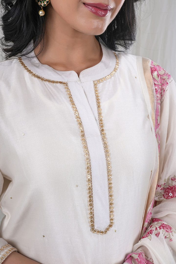 Chandrika – Sequence Work Chanderi Silk 3 Piece Suit Set in White, Beige Color, Tarangini Collection – Ethnic Wear