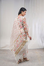 Pushpika – Floral Block Print Chanderi Silk 3 Piece Suit Set in White, Beige Color, Tarangini Collection – Ethnic Wear